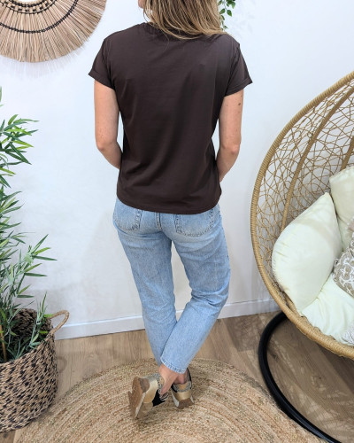T-shirt femme marron coeur léopard taupe