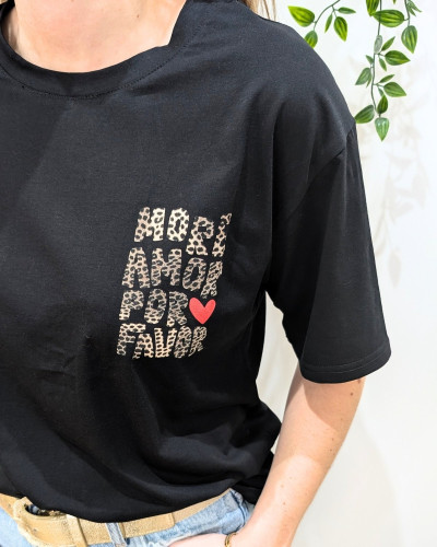 T-shirt femme noir more amor por favor léopard 