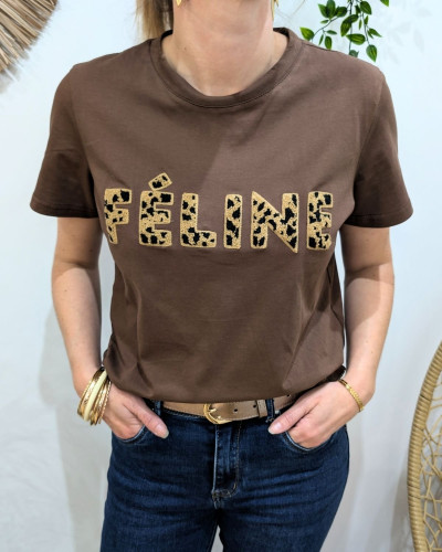 T-Shirt femme marron Féline
