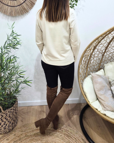 T-Shirt femme épais beige manches longues col ajouré Eléonore