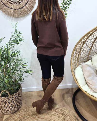 T-Shirt femme épais marron manches longues col ajouré Eléonore