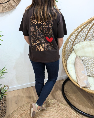 T-shirt femme marron more amor por favor léopard 