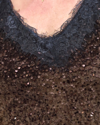 Top femme grande taille velours à sequins et dentelle