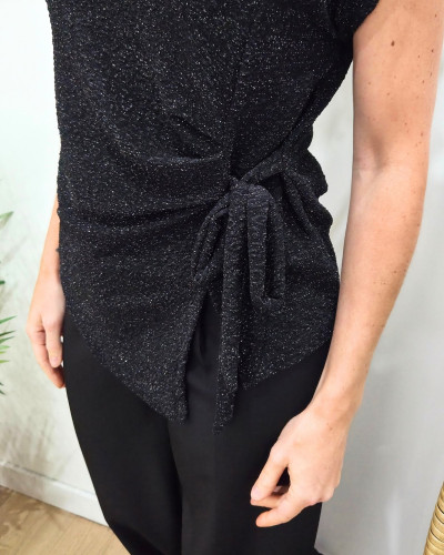 Top femme leopard pailleté noué noir
