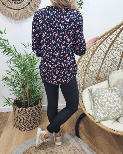 Tunique femme noire fleurs roses et bleu roi