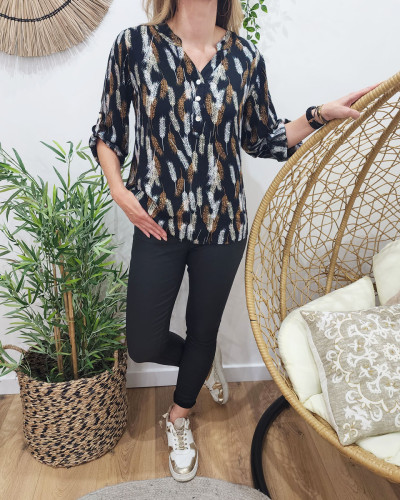 Tunique femme noire plumes camel et blanches