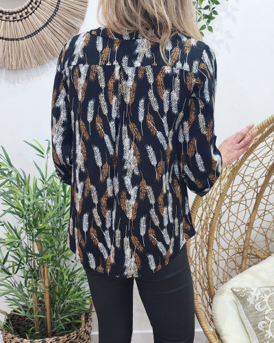 Tunique femme noire plumes camel et blanches
