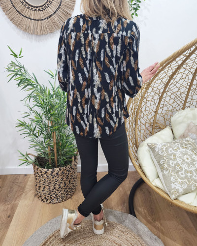 Tunique femme noire plumes camel et blanches
