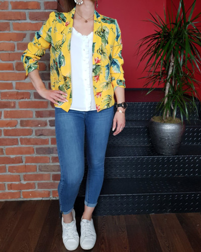 Veste tailleur l g re jaune feuillage exotique vert 10879