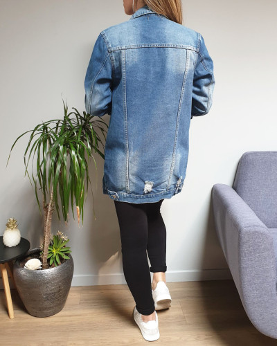 Veste longue en jeans clair déchirures