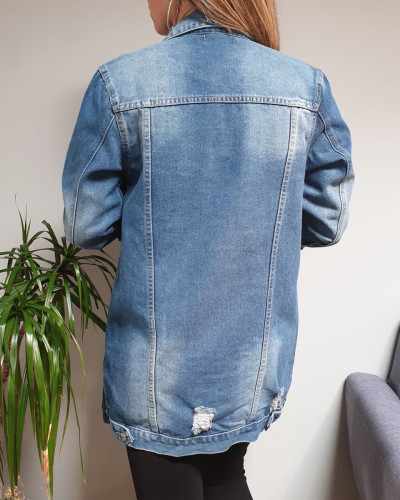 Veste longue en jeans clair déchirures