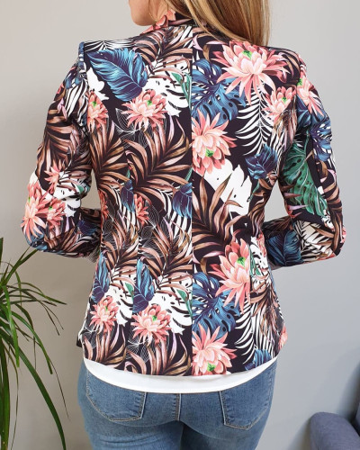 Veste tailleur noire fleurs corail feuilles exotiques multicolores