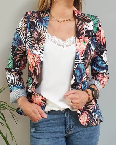 Veste tailleur noire fleurs corail feuilles exotiques multicolores