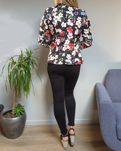 Veste tailleur noire à fleurs mutlicolores