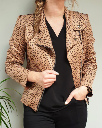 Veste perfecto suédine couleur camel pois noirs