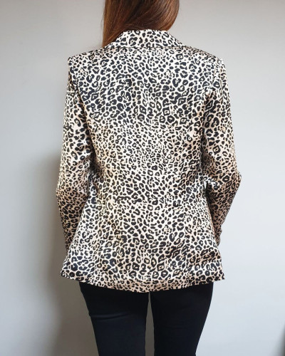 Veste tailleur beige imprime leopard effet satine 15275