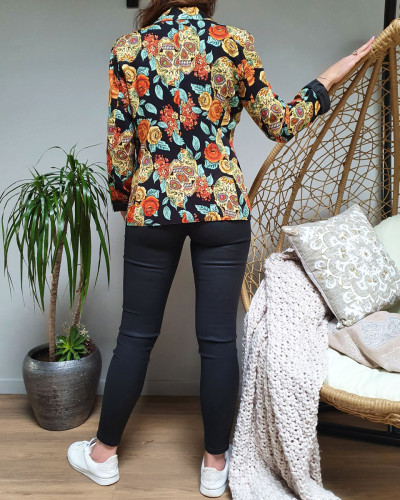 Veste blazer tetes de mort et grosses fleurs jaunes oranges 15470