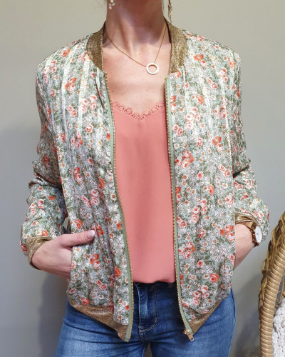 Bombers vert amande fleurs liberty corail blanches doré