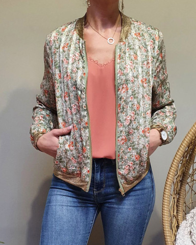 Bombers vert amande fleurs liberty corail blanches doré