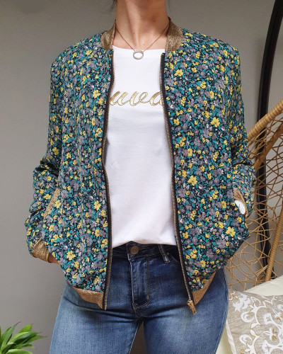 Bombers vert fleurs liberty jaunes grises doré