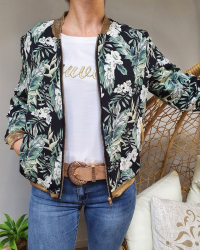 Bombers femme noir feuillage vert fleurs blanches doré