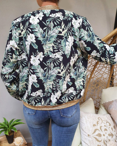 Bombers femme noir feuillage vert fleurs blanches doré