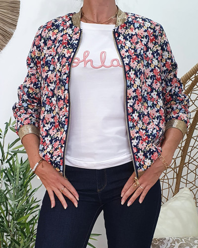 Bombers marine imprimé floral rose bleu et blanc