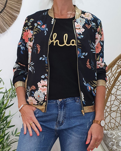 Bombers noir imprimé floral rose vert et bleu