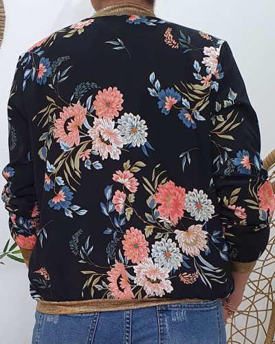 Bombers noir imprimé floral rose vert et bleu