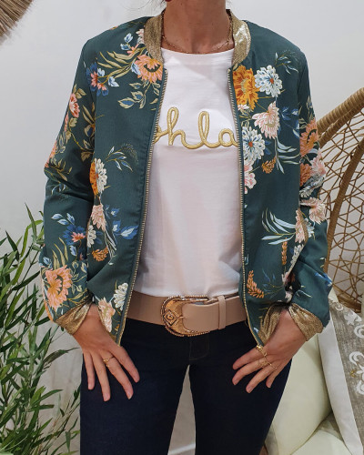 Bombers vert imprimé floral rose, blanc et bleu