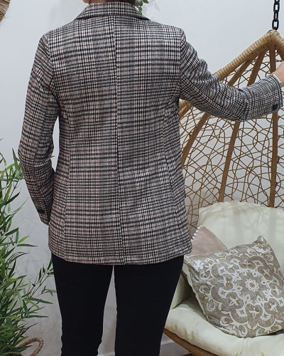 Veste blazer à carreaux beige marron et noir avec liseré argenté