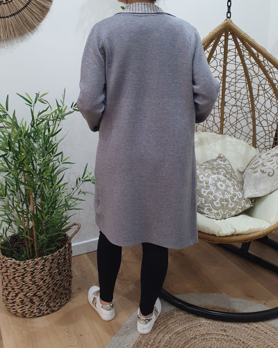 Veste longue femme poches plaquées col et manches pied de poule