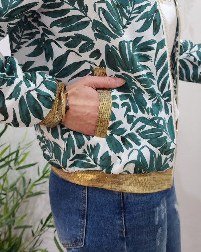 Bombers femme écru feuillage vert