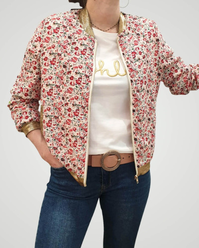 Bombers femme blanc petites fleurs rouges cerises et vertes