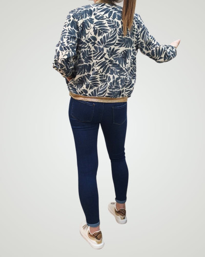 Bombers femme écru feuillage bleu