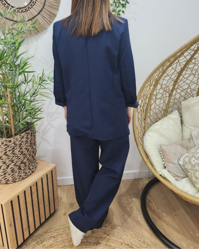Pantalon femme fluide bleu marine taille haute