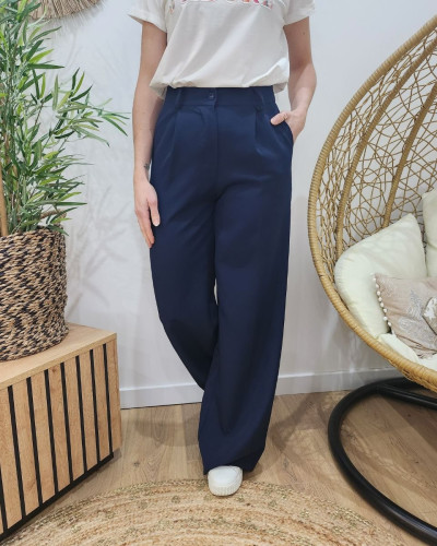 Pantalon femme fluide bleu marine taille haute
