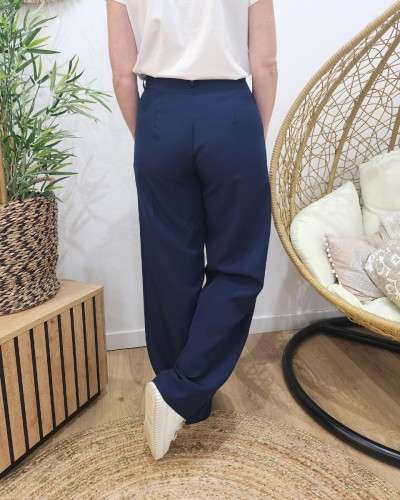 Pantalon femme fluide bleu marine taille haute