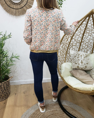 Bombers beige à fleurs corail et bleues