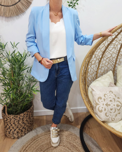 Blazer femme manches plissées bleu ciel