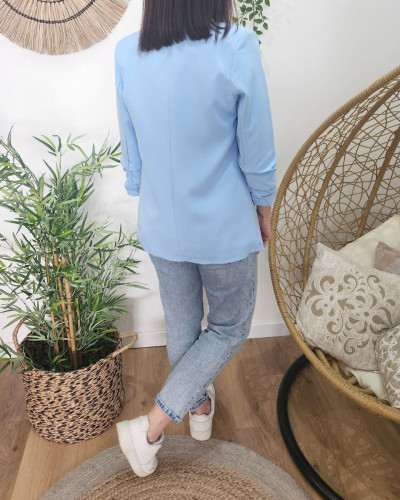 Blazer femme manches plissées bleu ciel
