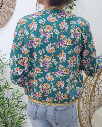 Bombers femme vert fleurs oranges et roses Adèle