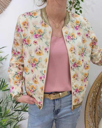 Bombers femme écru fleurs jaunes et roses Adèle
