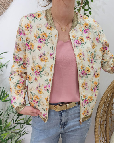 Bombers femme écru fleurs jaunes et roses Adèle