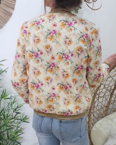 Bombers femme écru fleurs jaunes et roses Adèle