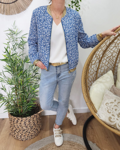 Bombers femme bleu petites fleurs blanches Béatrice