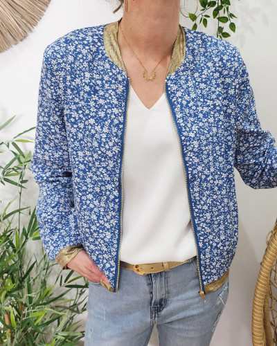 Bombers femme bleu petites fleurs blanches Béatrice