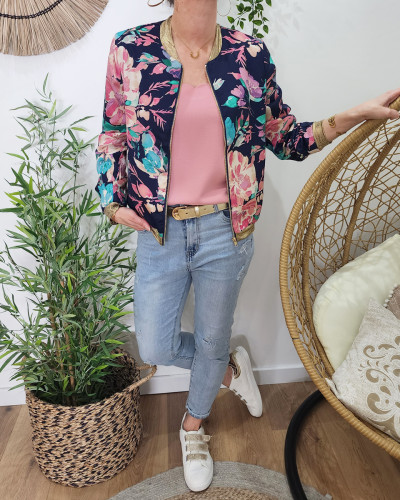 Bombers femme bleu marine fleurs roses et vertes Blandine