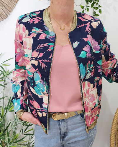 Bombers femme bleu marine fleurs roses et vertes Blandine