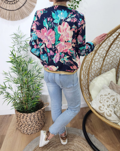 Bombers femme bleu marine fleurs roses et vertes Blandine